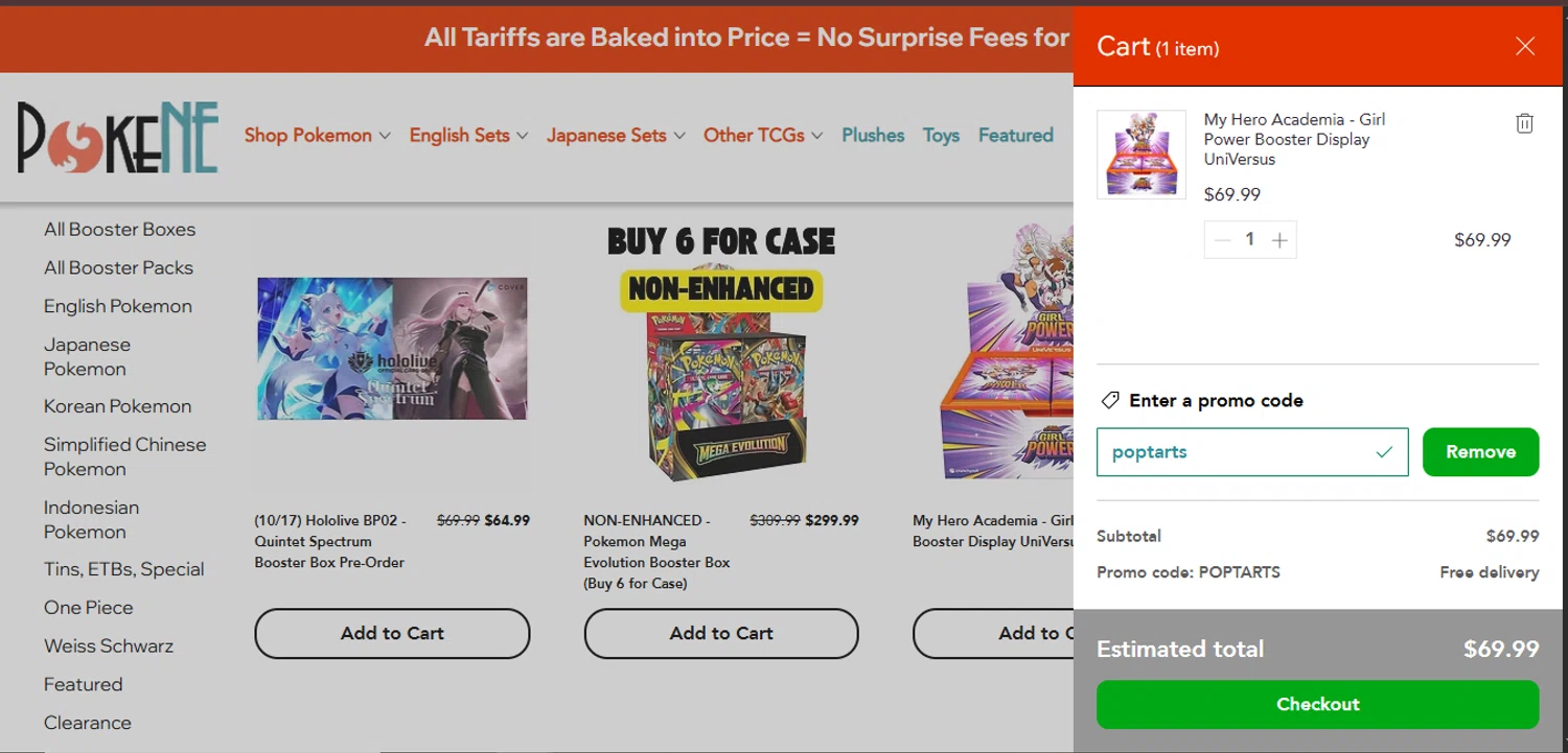 Pokene promo code screenshot showing code POPTARTS applied at Pokene checkout page. Uploaded by SimplyCodes community member juanisaac on Oct 10, 2025