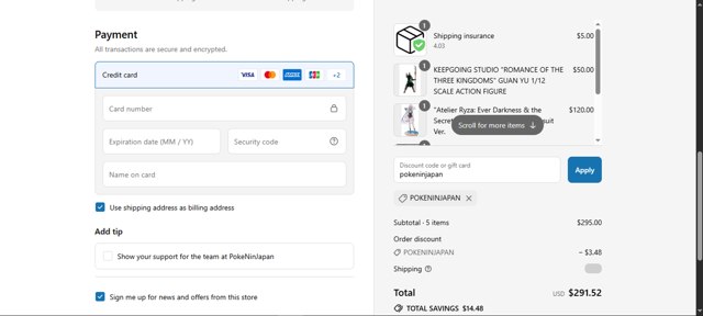 PokeNinJapan checkout page showing PokeNinJapan promo code box | Screenshot taken by SimplyCodes community member on Jul 23, 2025