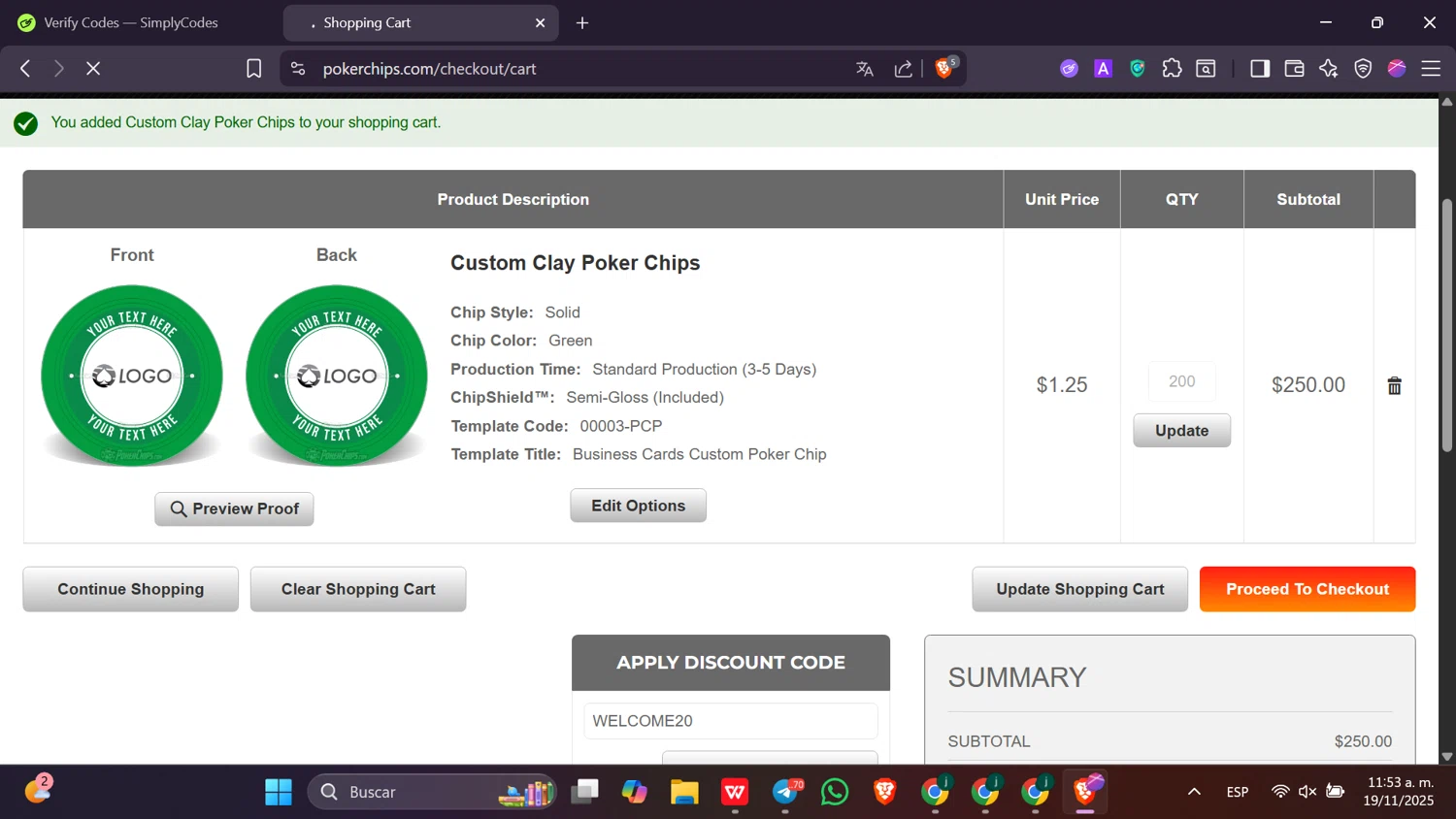PokerChips.com promo code screenshot showing code WELCOME20 applied at PokerChips.com checkout page. Uploaded by SimplyCodes community member Toji_fushiguro on Nov 19, 2025