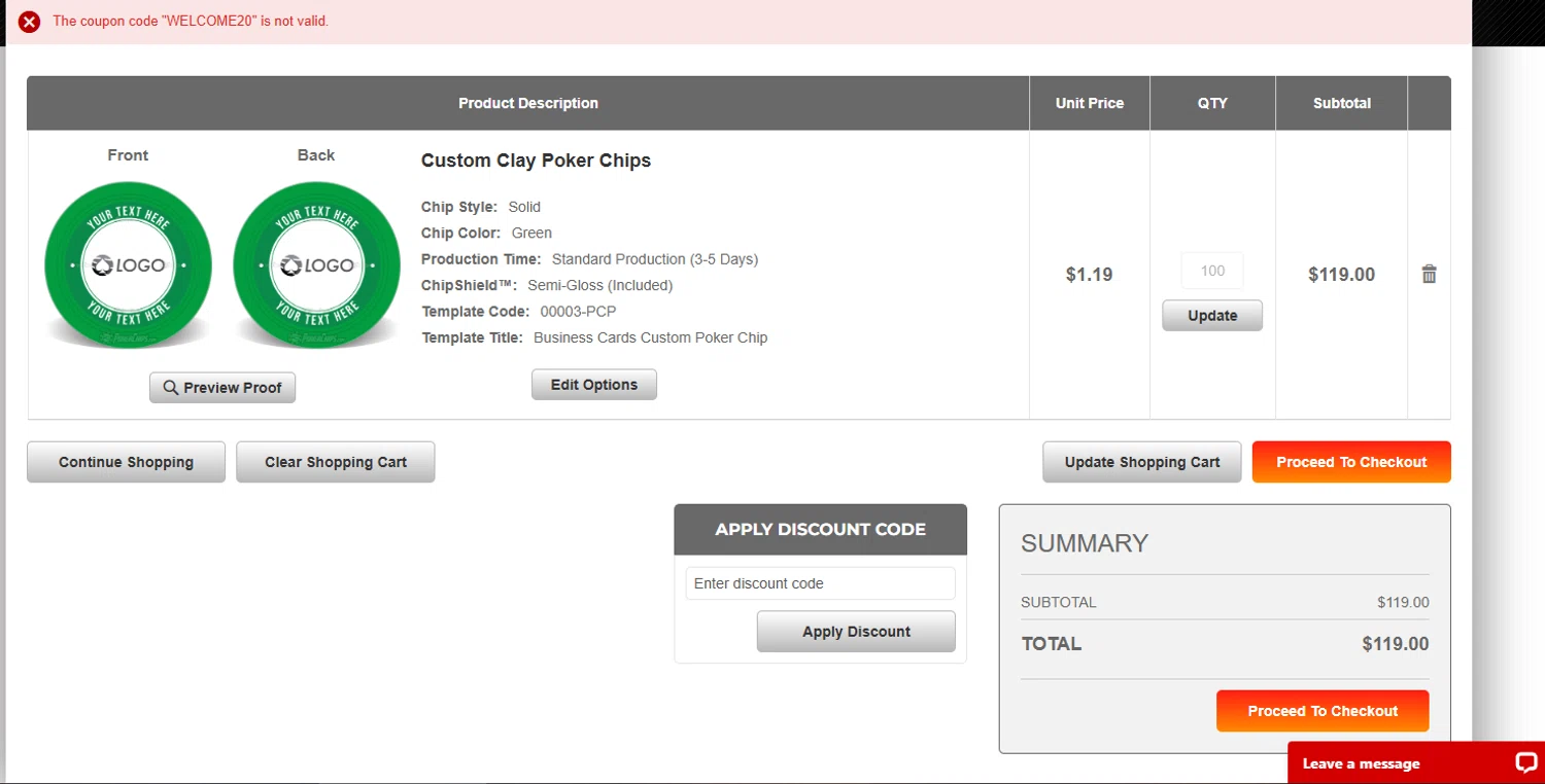PokerChips.com promo code screenshot showing code WELCOME20 applied at PokerChips.com checkout page. Uploaded by SimplyCodes community member sapphire_nitro on Mar 21, 2025