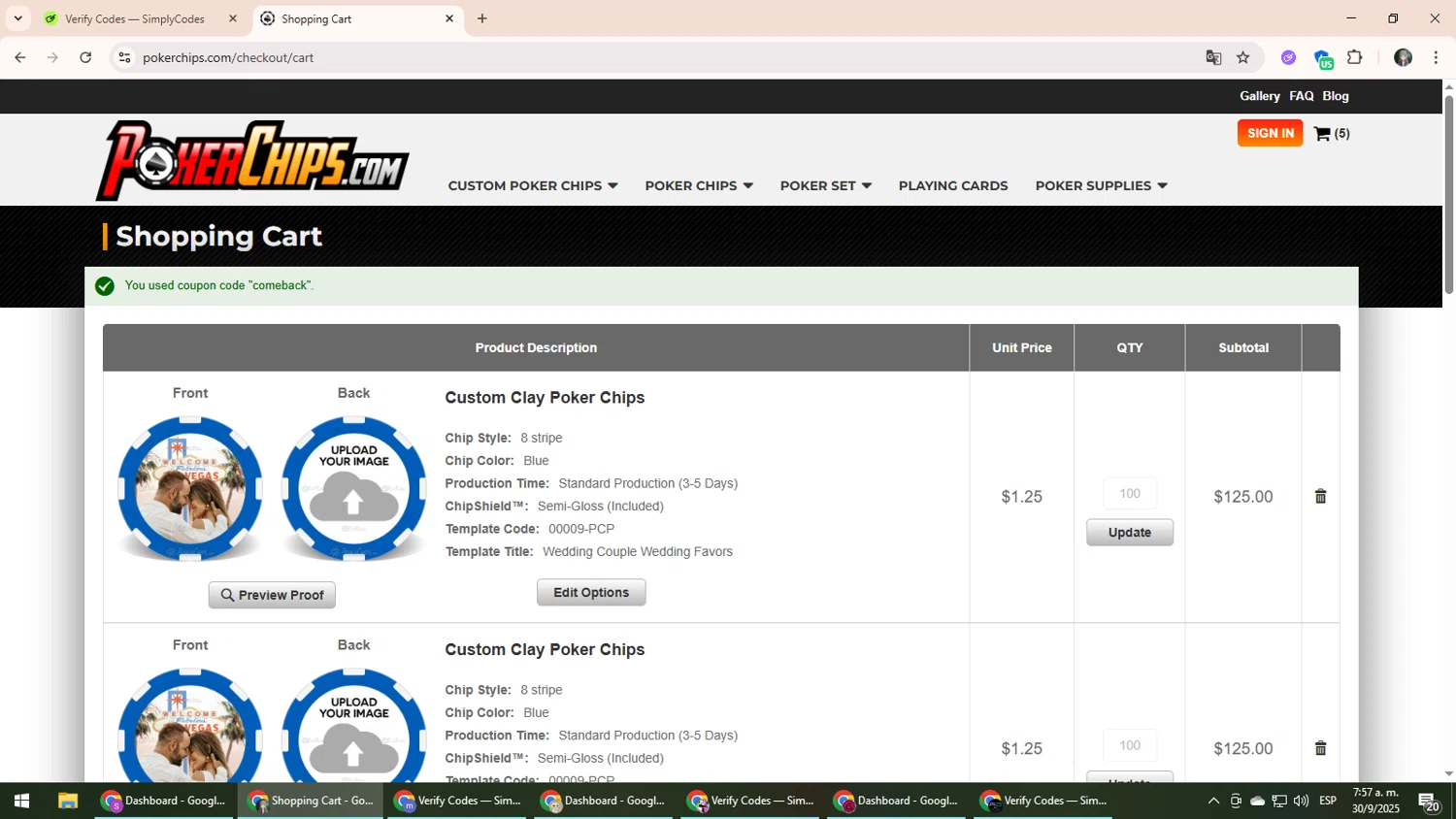 PokerChips.com promo code screenshot showing code comeback applied at PokerChips.com checkout page. Uploaded by SimplyCodes community member CleverLynx6871 on Sep 30, 2025