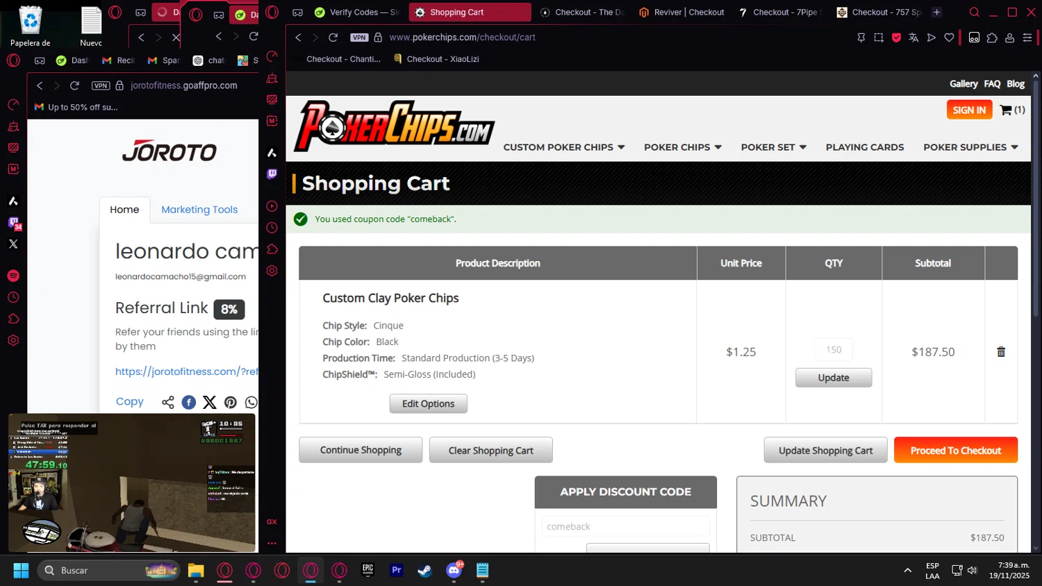 PokerChips.com promo code screenshot showing code comeback applied at PokerChips.com checkout page. Uploaded by SimplyCodes community member Halanweik on Nov 19, 2025
