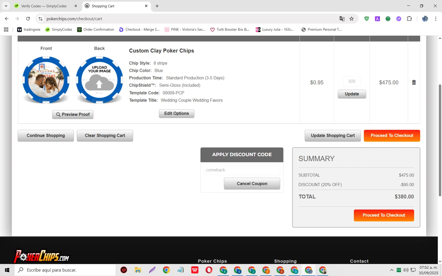 PokerChips.com promo code screenshot showing code comeback applied at PokerChips.com checkout page. Uploaded by SimplyCodes community member JoseH45 on Sep 30, 2025