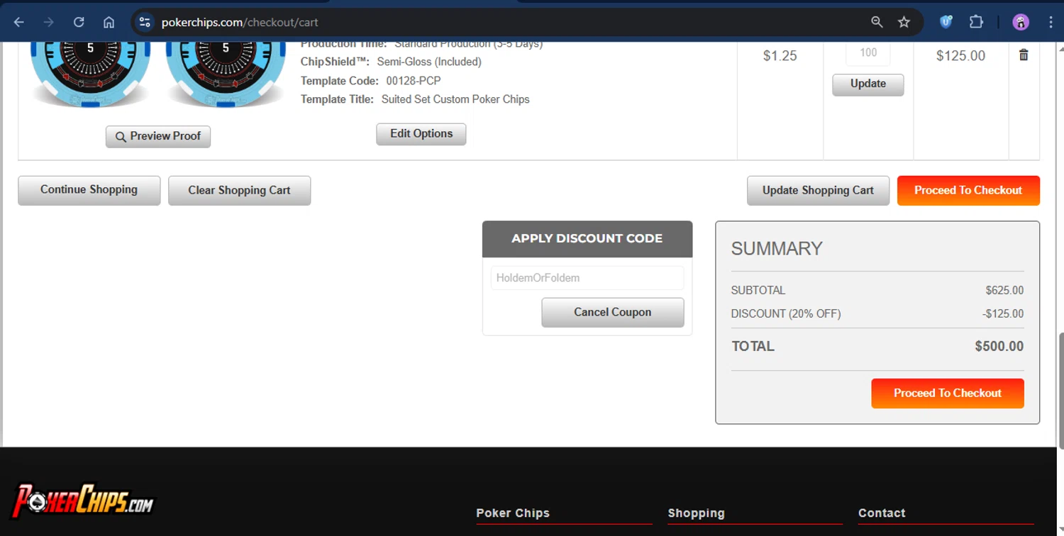 PokerChips.com promo code screenshot showing code HoldemOrFoldem applied at PokerChips.com checkout page. Uploaded by SimplyCodes community member rapc3030 on Aug 5, 2025