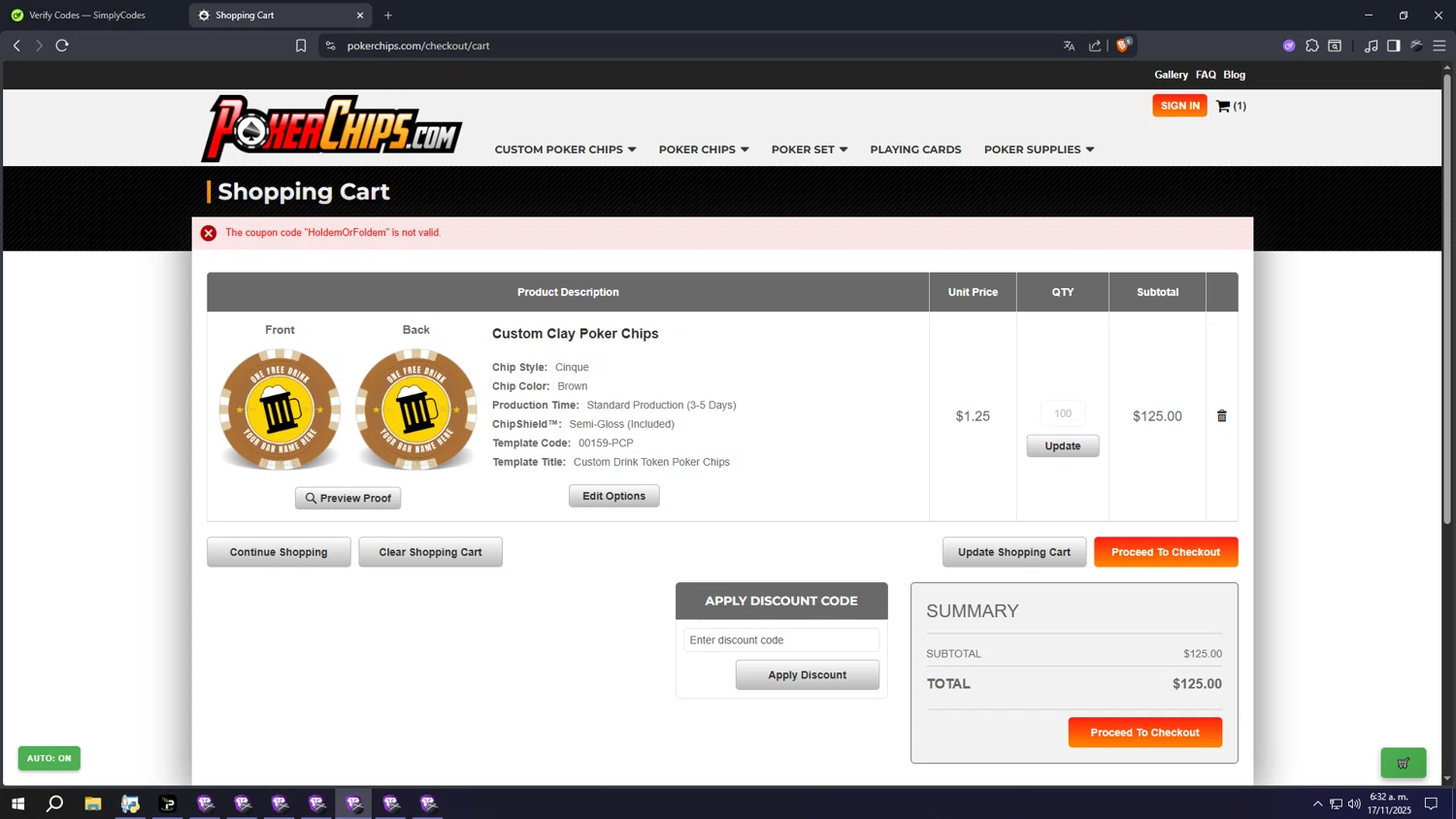 PokerChips.com promo code screenshot showing code HoldemOrFoldem applied at PokerChips.com checkout page. Uploaded by SimplyCodes community member wwwwwwwwwwwwwwwwwww on Nov 17, 2025