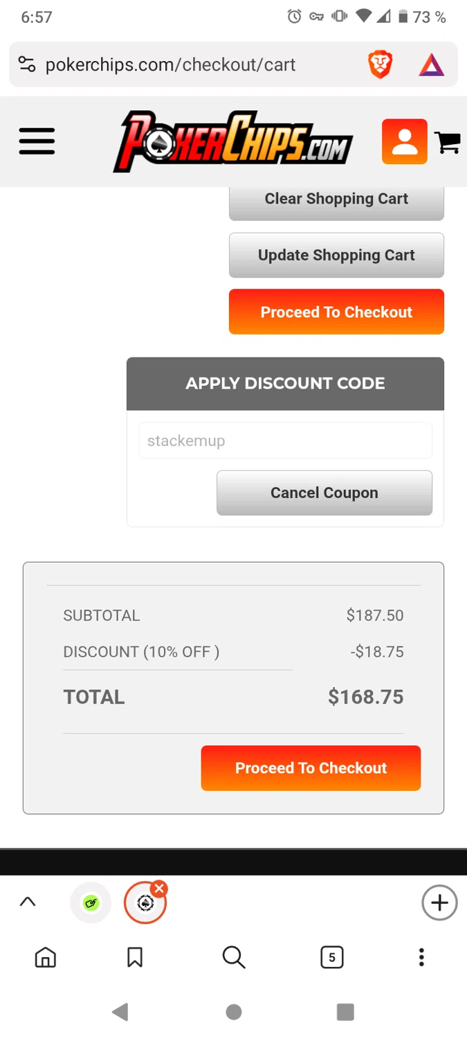 PokerChips.com promo code screenshot showing code stackemup applied at PokerChips.com checkout page. Uploaded by SimplyCodes community member victor on Sep 3, 2025