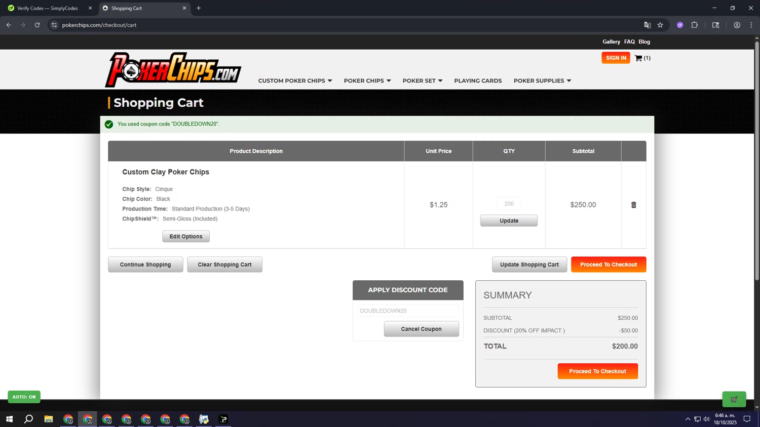 PokerChips.com promo code screenshot showing code DOUBLEDOWN20 applied at PokerChips.com checkout page. Uploaded by SimplyCodes community member ooooooooooooooooooo on Oct 18, 2025