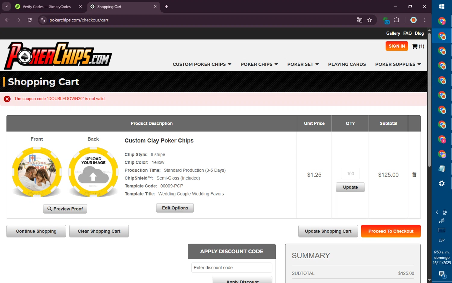 PokerChips.com promo code screenshot showing code DOUBLEDOWN20 applied at PokerChips.com checkout page. Uploaded by SimplyCodes community member PromoVoyager8446 on Nov 16, 2025