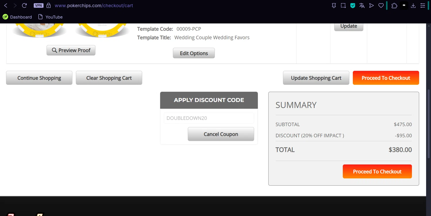 PokerChips.com promo code screenshot showing code DOUBLEDOWN20 applied at PokerChips.com checkout page. Uploaded by SimplyCodes community member Sebastiangil on Nov 16, 2025