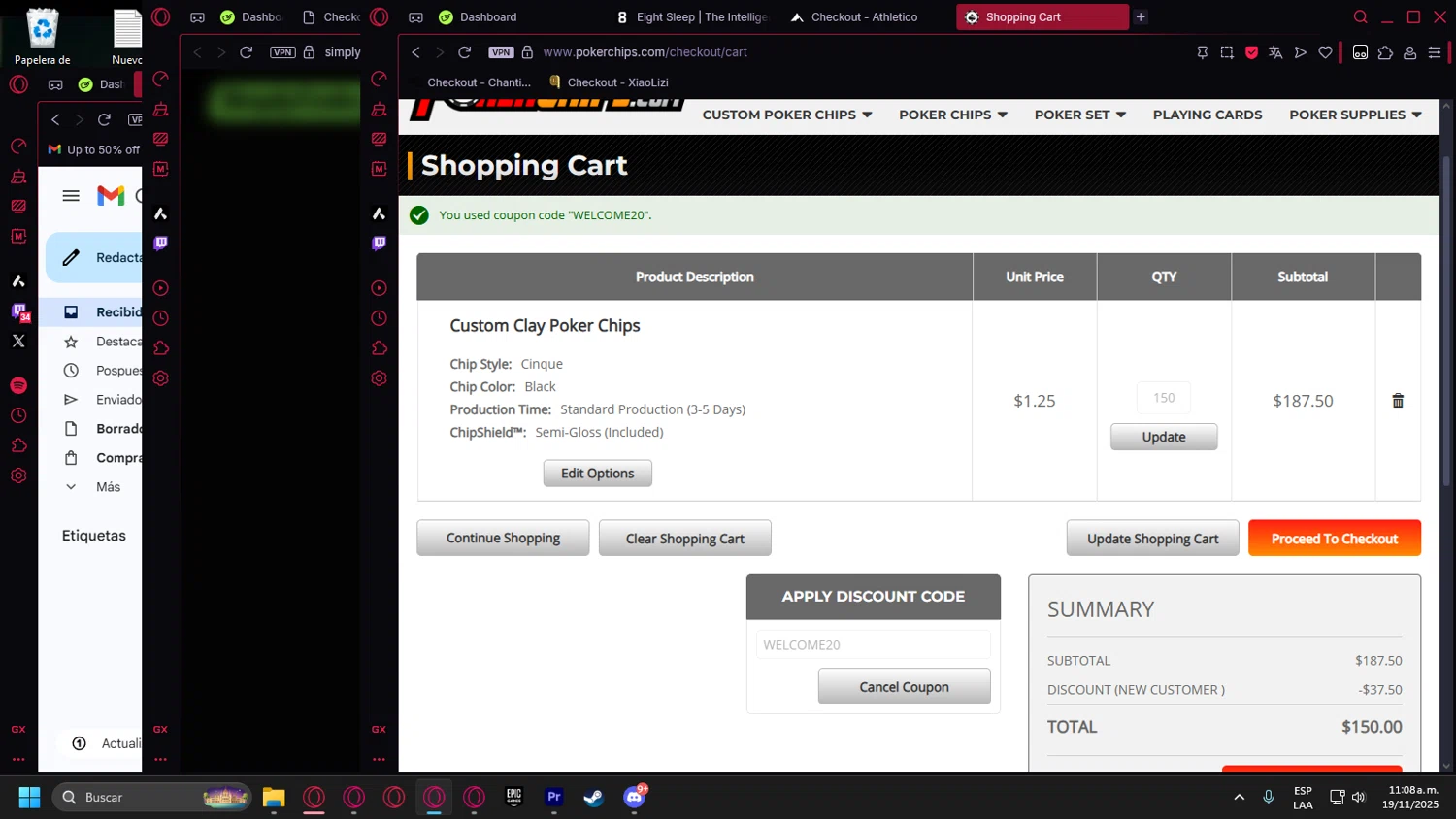 PokerChips.com promo code screenshot showing code WELCOME20 applied at PokerChips.com checkout page. Uploaded by SimplyCodes community member leonardocamacho2 on Nov 19, 2025