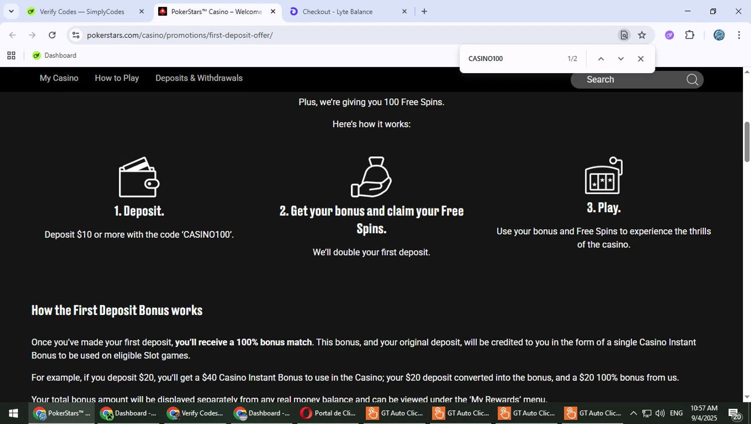 PokerStars Casino promo code screenshot showing code CASINO100 applied at PokerStars Casino checkout page. Uploaded by SimplyCodes community member Suicune on Sep 4, 2025