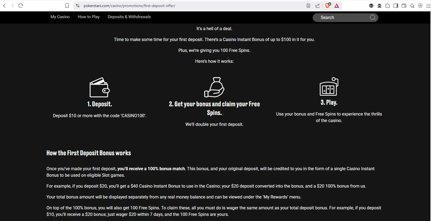 PokerStars Casino promo code screenshot showing code CASINO100 applied at PokerStars Casino checkout page. Uploaded by SimplyCodes community member dayselis15 on May 27, 2025
