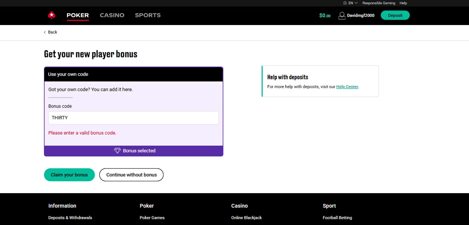 PokerStars Casino promo code screenshot showing code THIRTY applied at PokerStars Casino checkout page. Uploaded by SimplyCodes community member FundoEsperanza on Jul 28, 2025