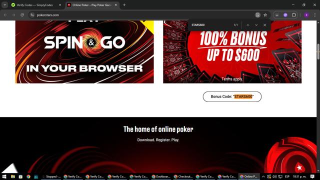 PokerStars Casino checkout page showing PokerStars Casino promo code box | Screenshot taken by SimplyCodes community member on Jul 10, 2025