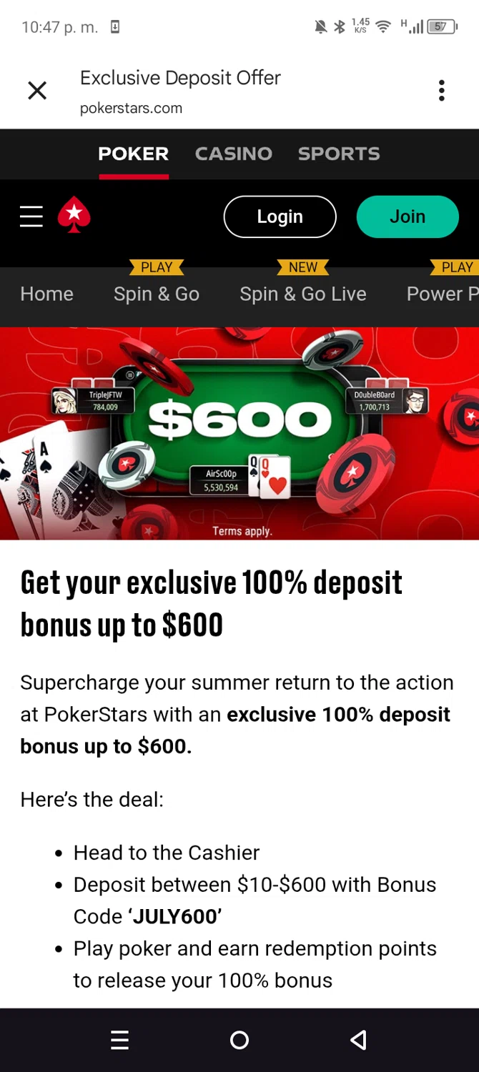 PokerStars Casino promo code screenshot showing code GET600 applied at PokerStars Casino checkout page. Uploaded by SimplyCodes community member leiraM on Jul 28, 2025