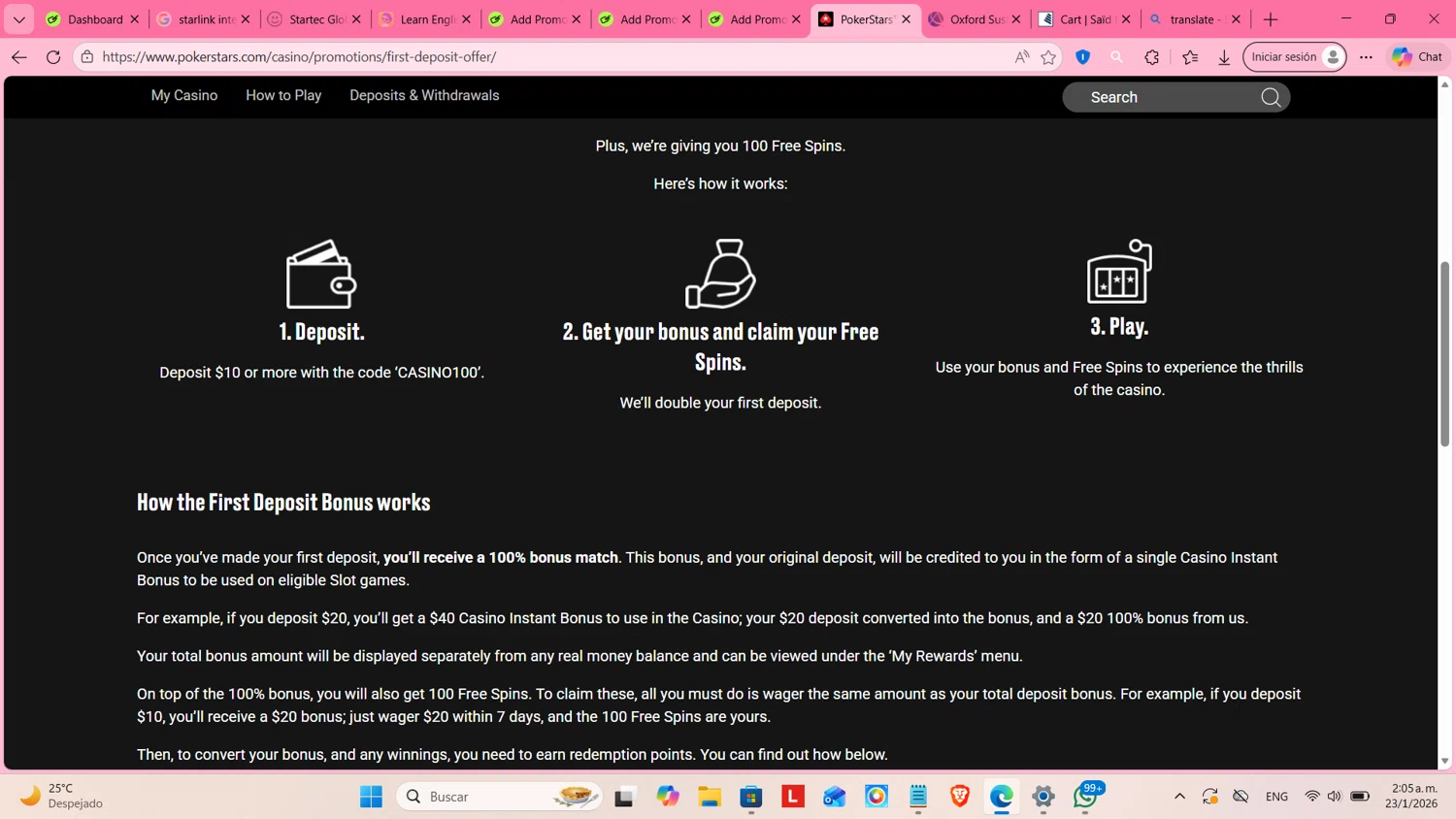 PokerStars Casino promo code screenshot showing code CASlNO100 applied at PokerStars Casino checkout page. Uploaded by SimplyCodes community member cosita on Jan 23, 2026
