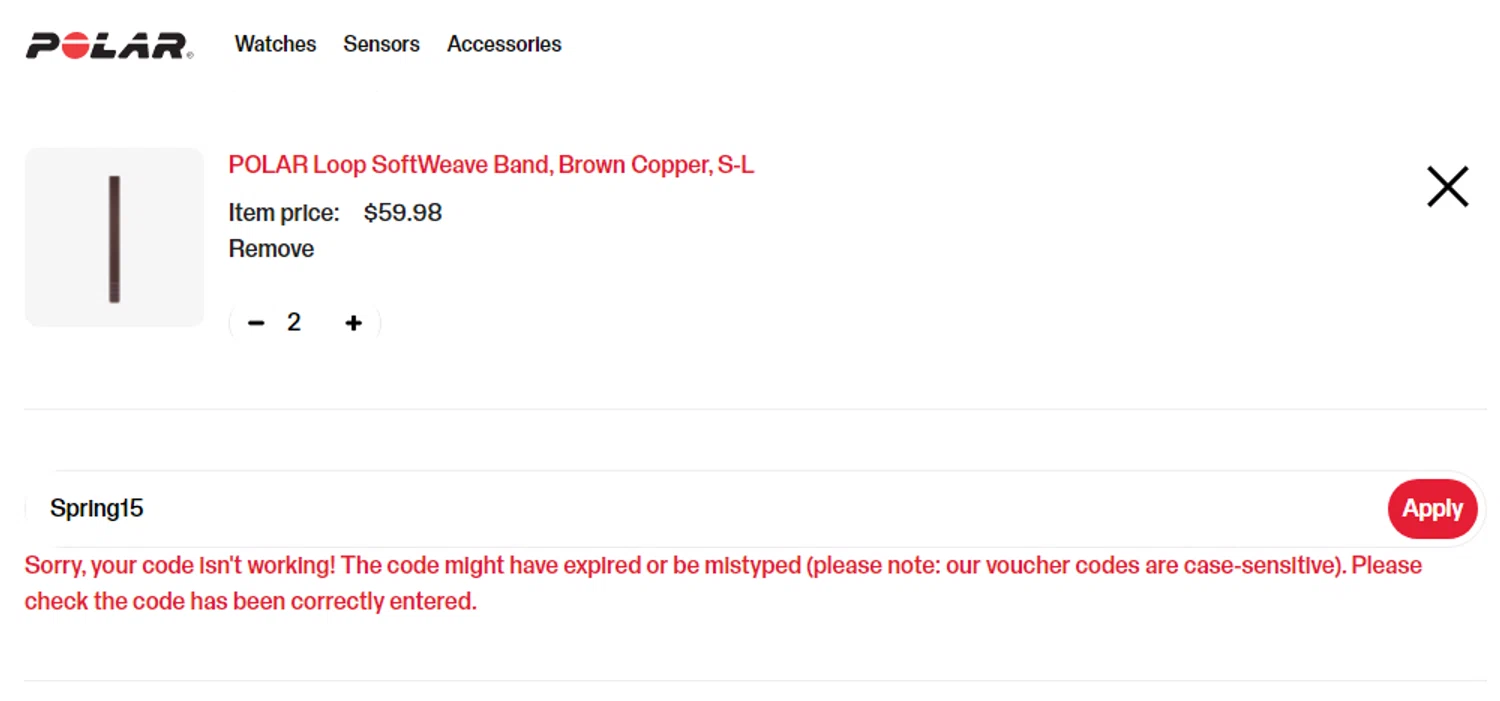 Polar coupon code screenshot showing code Spring15 applied at Polar checkout page. Uploaded by SimplyCodes community member CURTIS on Dec 19, 2025