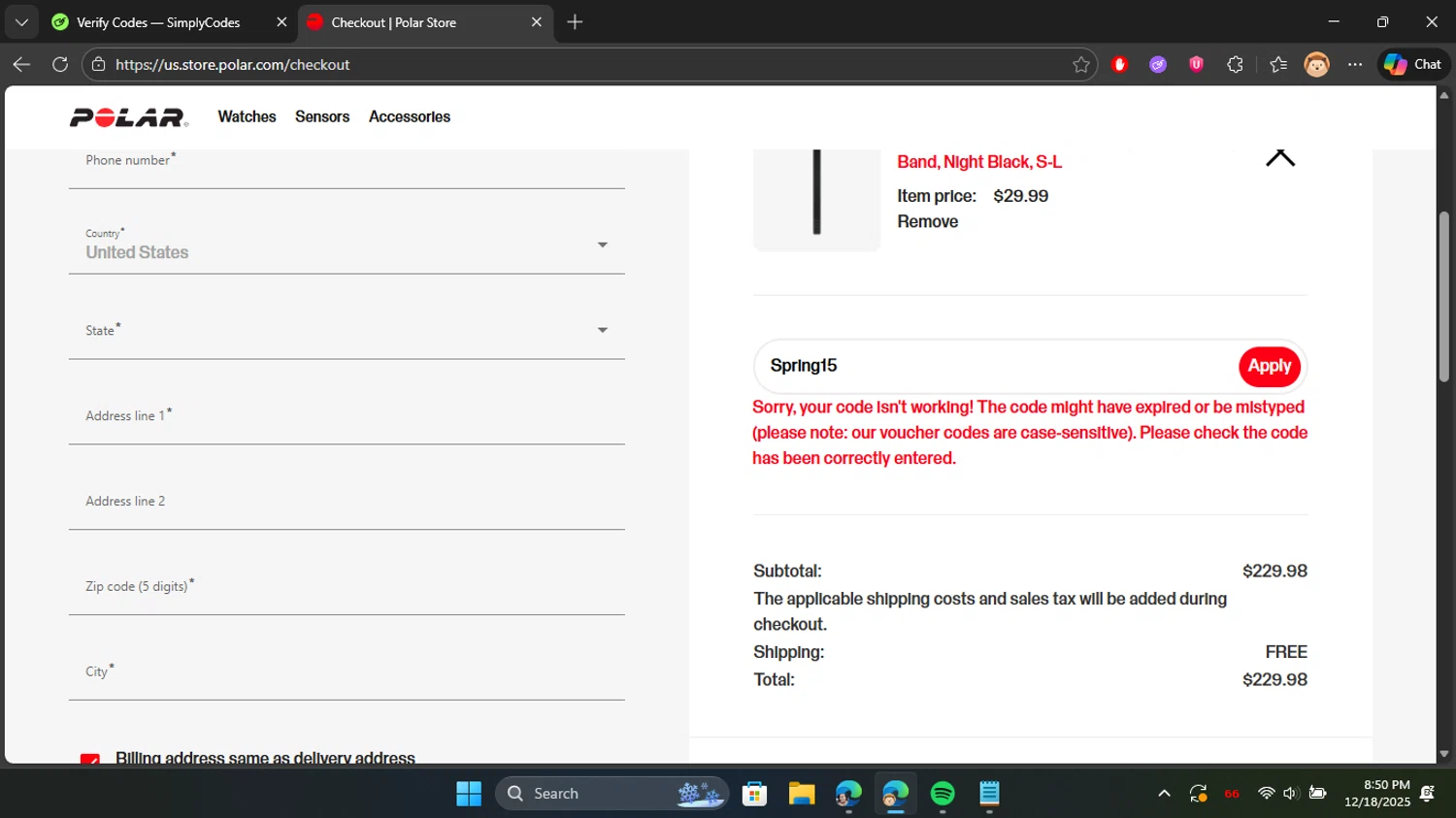 Polar coupon code screenshot showing code Spring15 applied at Polar checkout page. Uploaded by SimplyCodes community member Don_Quixote on Dec 19, 2025