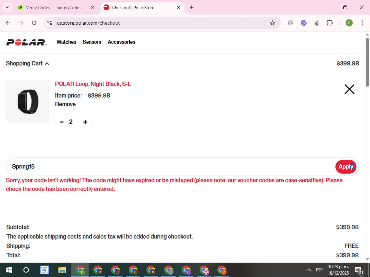 Polar coupon code screenshot showing code Spring15 applied at Polar checkout page. Uploaded by SimplyCodes community member RoyalKnight4673 on Dec 19, 2025