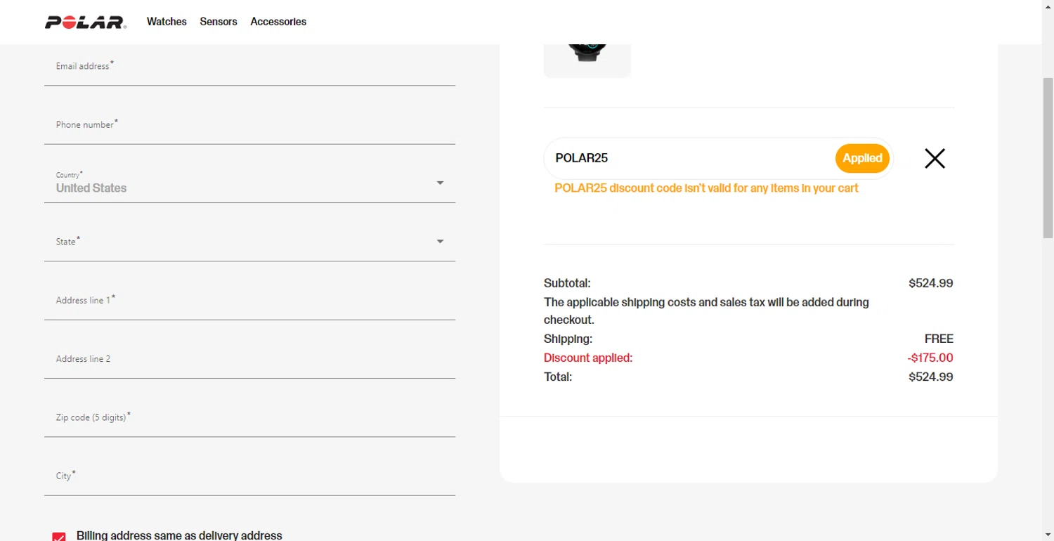 Polar coupon code screenshot showing code POLAR25 applied at Polar checkout page. Uploaded by SimplyCodes community member CodeTitan6120 on Nov 16, 2025