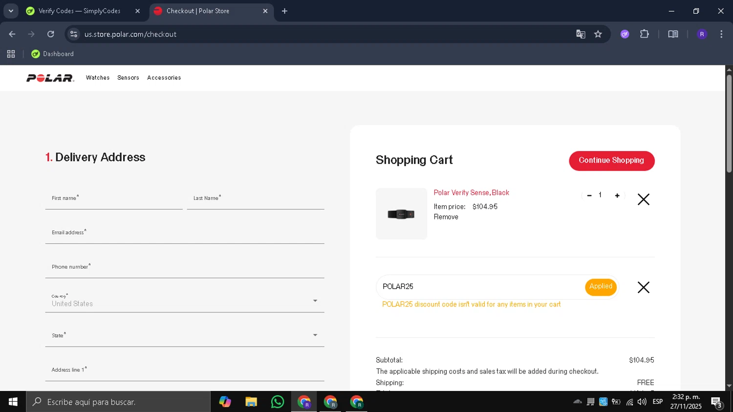 Polar coupon code screenshot showing code POLAR25 applied at Polar checkout page. Uploaded by SimplyCodes community member Mykeusername on Nov 28, 2025
