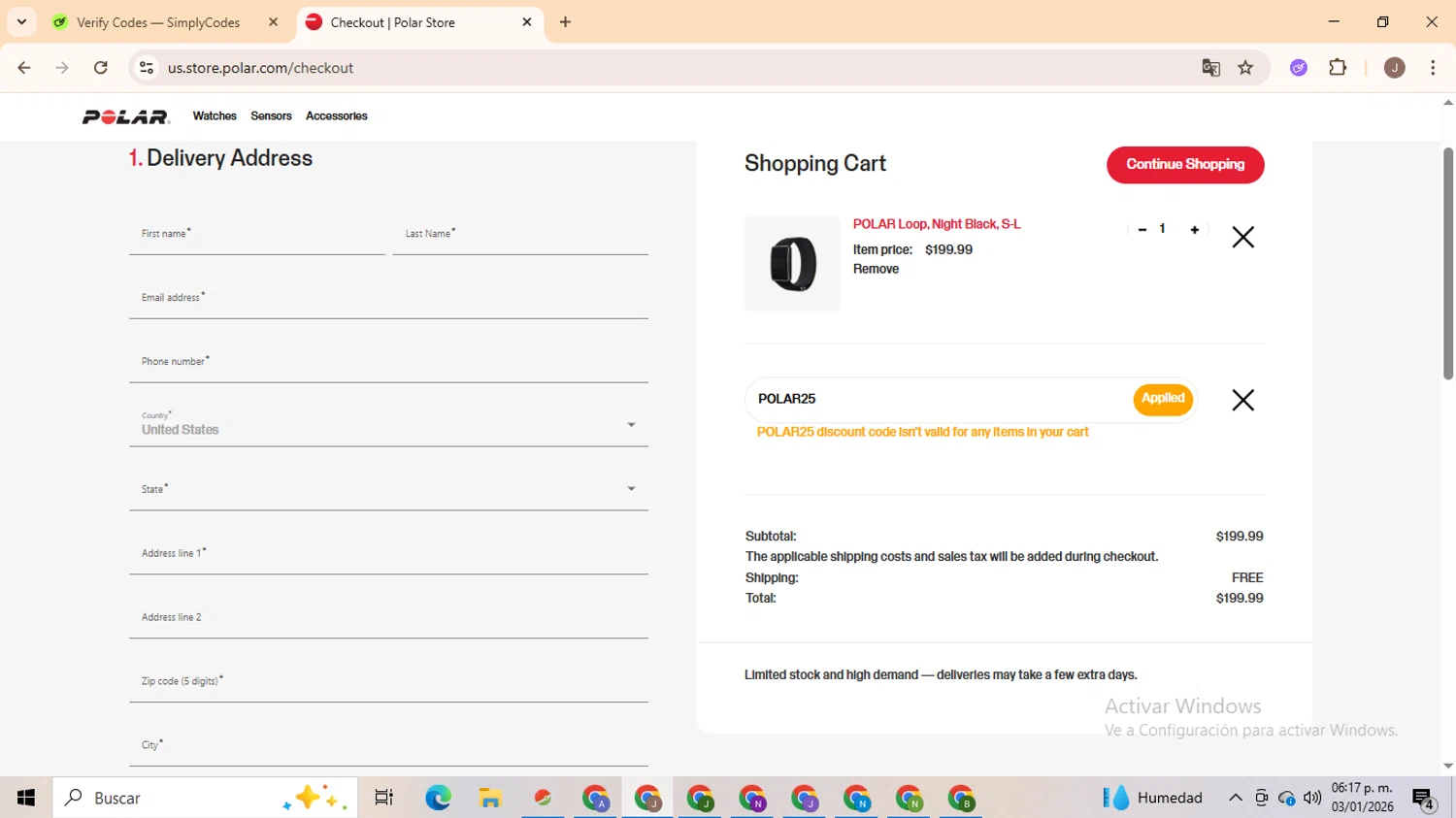 Polar coupon code screenshot showing code POLAR25 applied at Polar checkout page. Uploaded by SimplyCodes community member ValiantHero2365 on Jan 3, 2026