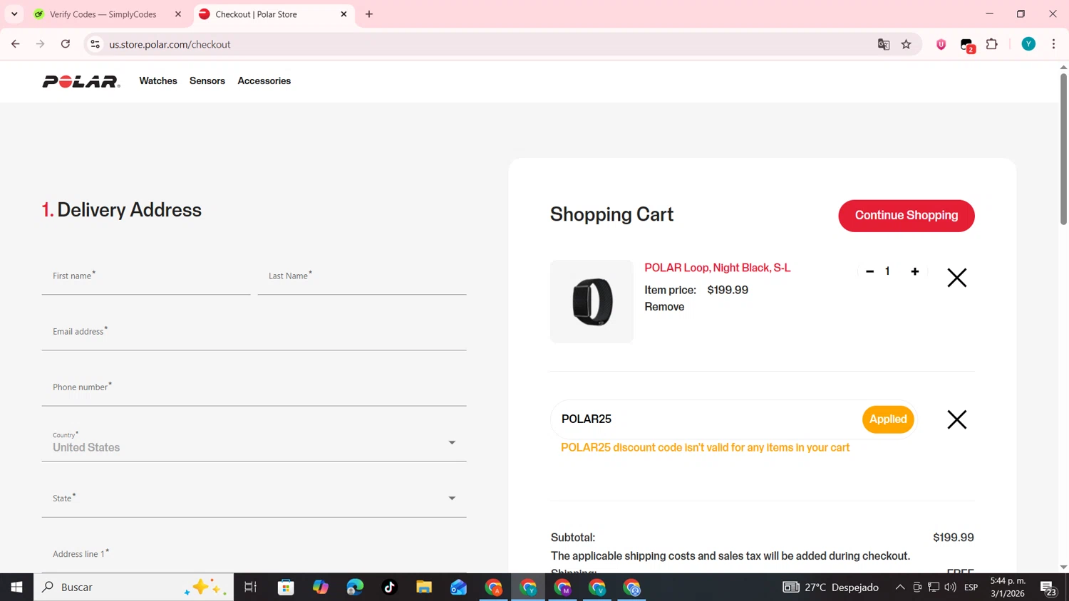 Polar checkout page showing Polar coupon code box | Screenshot taken by SimplyCodes community member on Jan 3, 2026