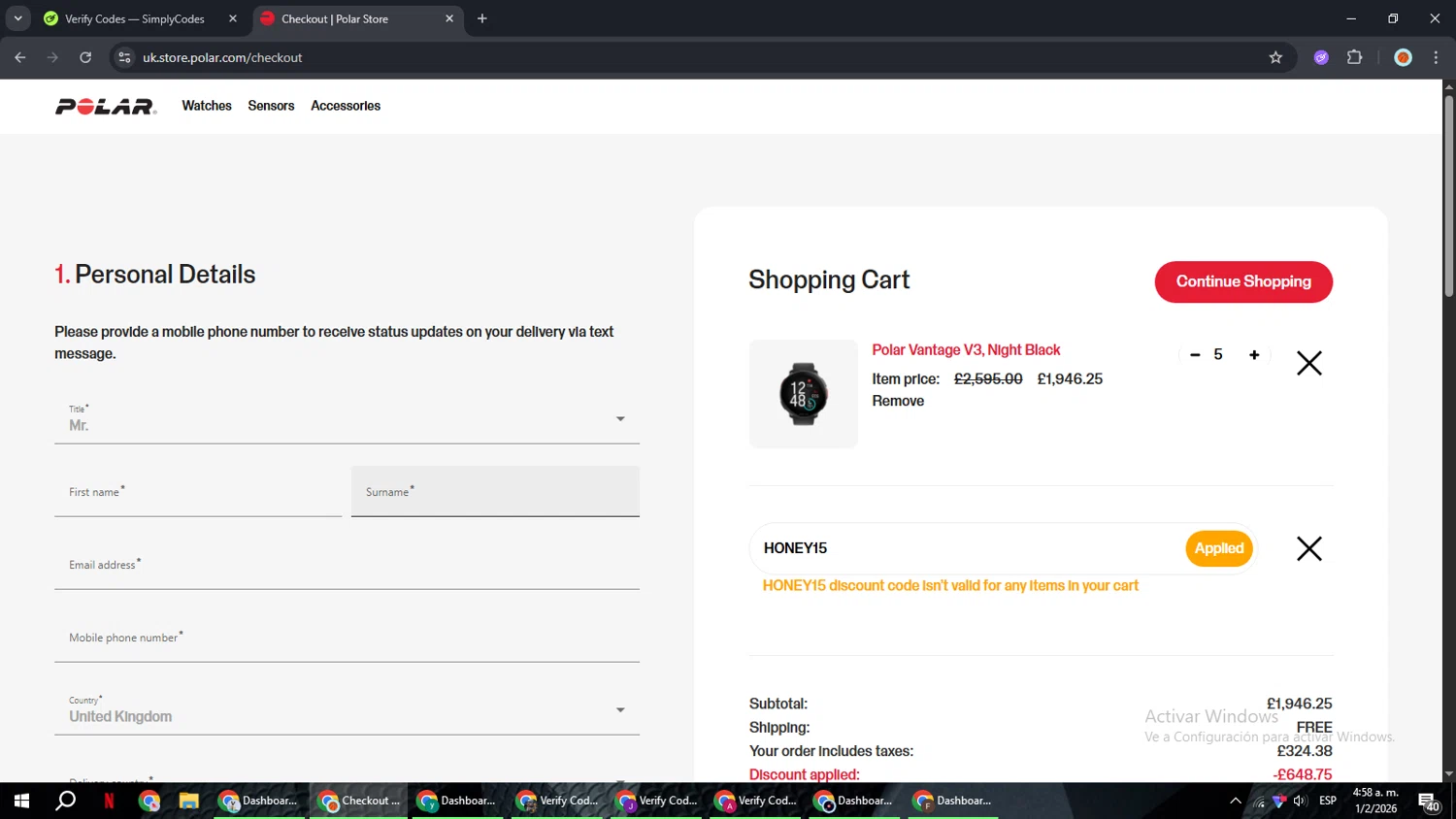 Polar checkout page showing Polar coupon code box | Screenshot taken by SimplyCodes community member on Feb 1, 2026