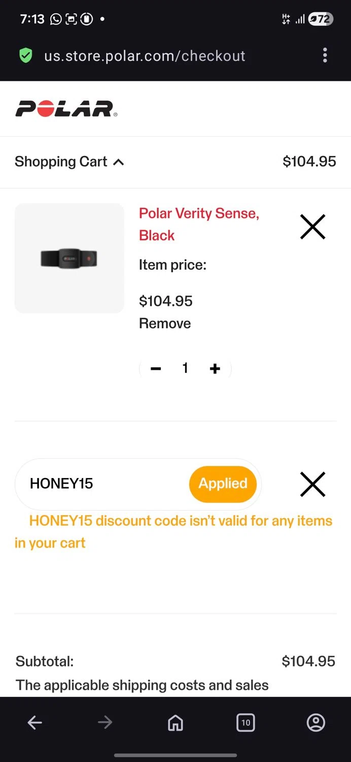 Polar coupon code screenshot showing code HONEY15 applied at Polar checkout page. Uploaded by SimplyCodes community member Charly2607 on Dec 13, 2025