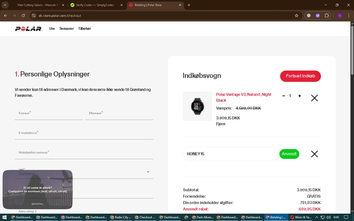Polar coupon code screenshot showing code HONEY15 applied at Polar checkout page. Uploaded by SimplyCodes community member ChinoYugi on Dec 17, 2025