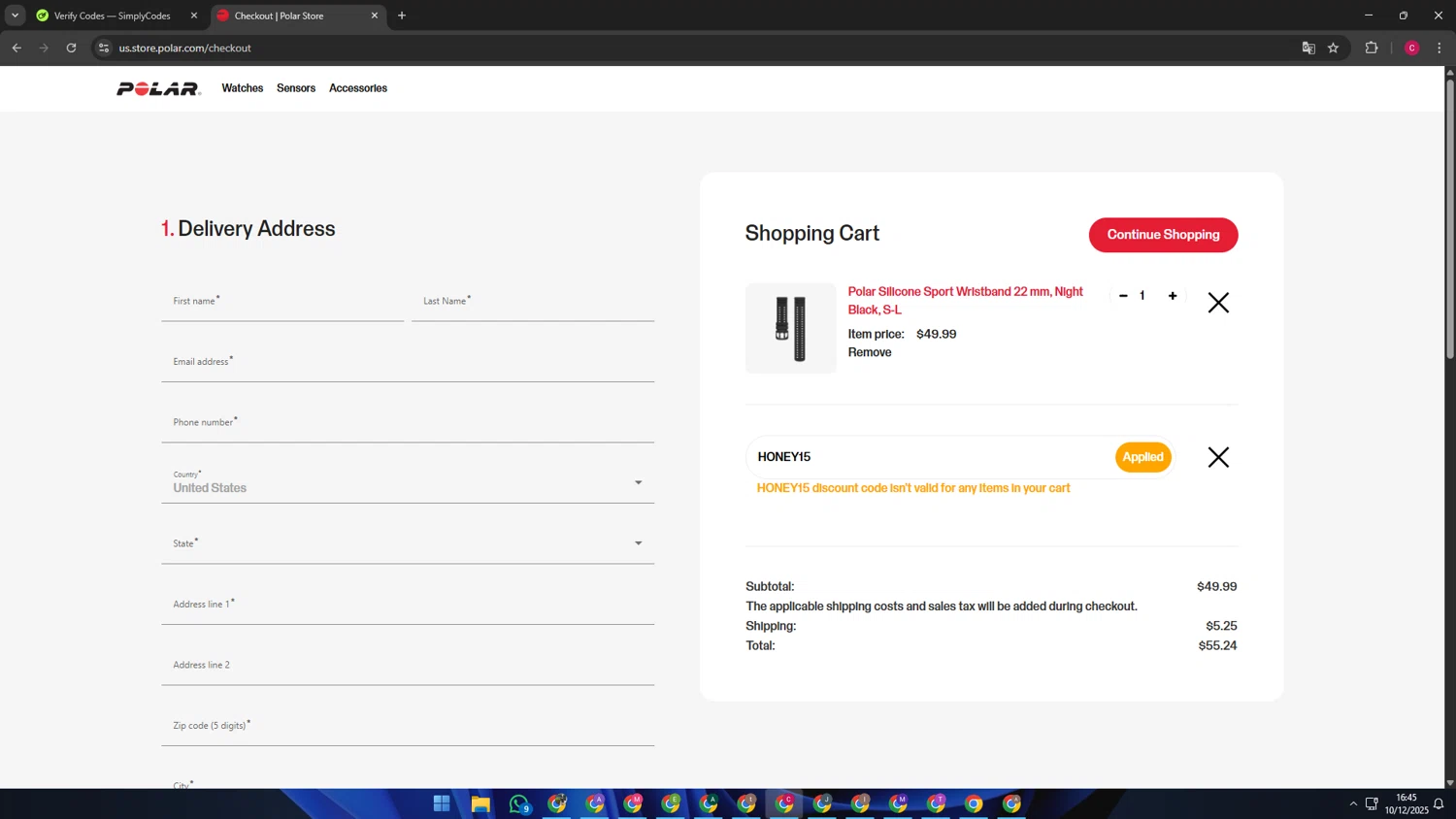 Polar coupon code screenshot showing code HONEY15 applied at Polar checkout page. Uploaded by SimplyCodes community member TOROREX250 on Dec 10, 2025