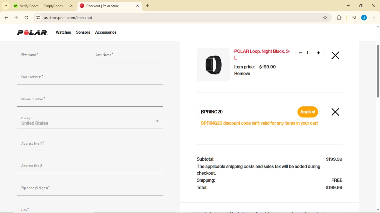 Polar coupon code screenshot showing code SPRING20 applied at Polar checkout page. Uploaded by SimplyCodes community member Luisitoxd12 on Dec 8, 2025
