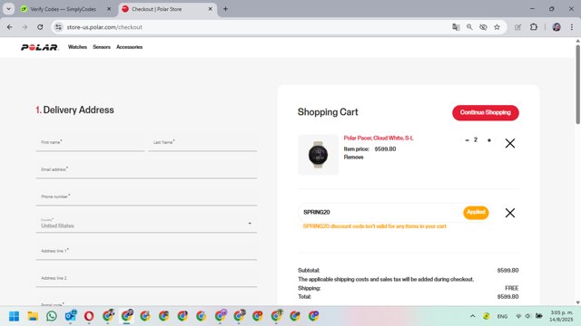 Polar checkout page showing Polar coupon code box | Screenshot taken by SimplyCodes community member on Aug 14, 2025