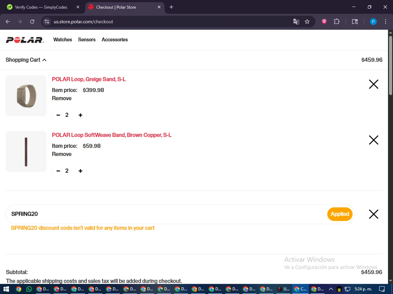 Polar coupon code screenshot showing code SPRING20 applied at Polar checkout page. Uploaded by SimplyCodes community member juiceWRLD on Dec 27, 2025