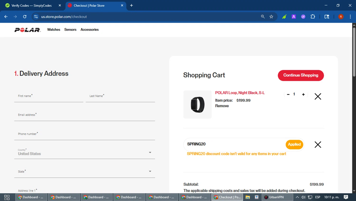 Polar coupon code screenshot showing code SPRING20 applied at Polar checkout page. Uploaded by SimplyCodes community member robertotorrealba on Jan 10, 2026