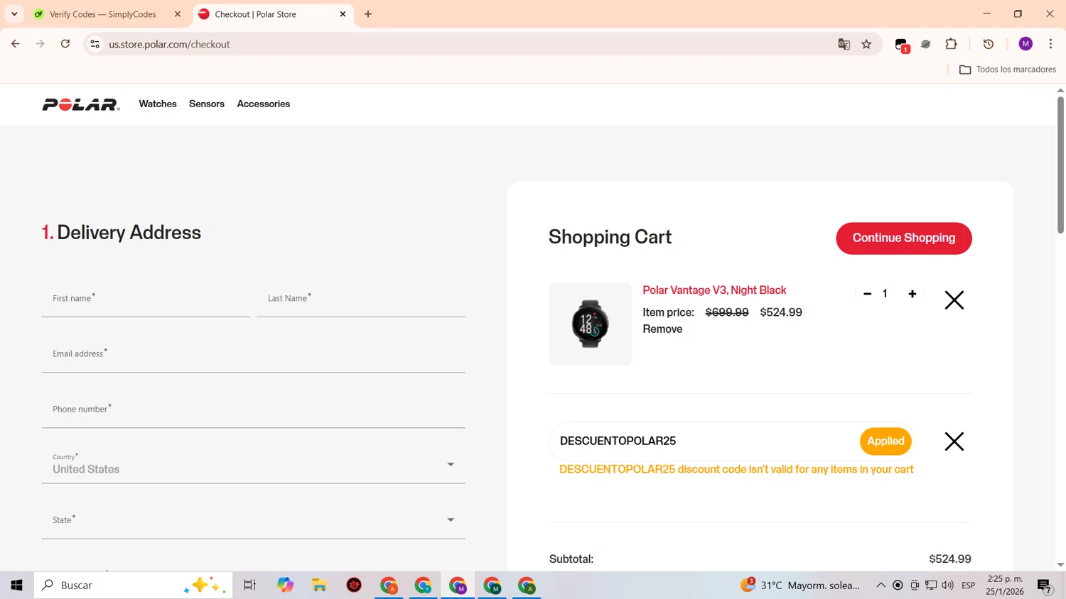 Polar checkout page showing Polar coupon code box | Screenshot taken by SimplyCodes community member on Jan 25, 2026