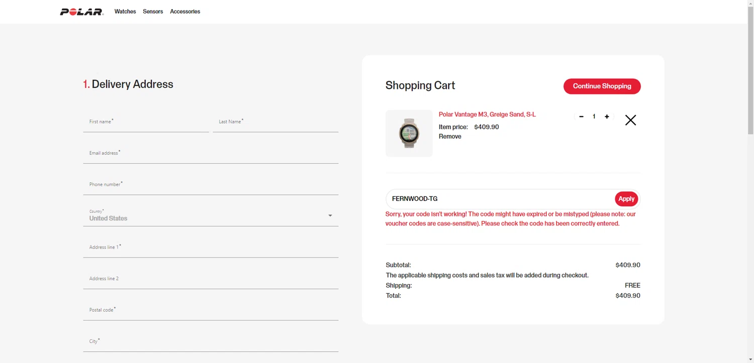 Polar coupon code screenshot showing code FERNWOOD-TG applied at Polar checkout page. Uploaded by SimplyCodes community member VoucherMonarch9058 on May 13, 2025
