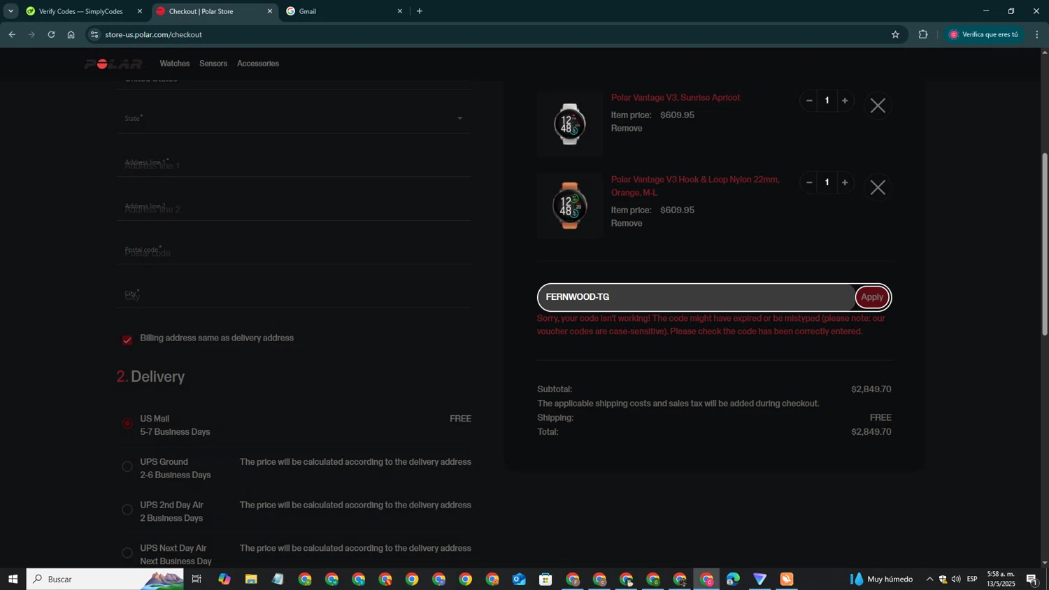 Polar coupon code screenshot showing code FERNWOOD-TG applied at Polar checkout page. Uploaded by SimplyCodes community member DealLynx3109 on May 13, 2025