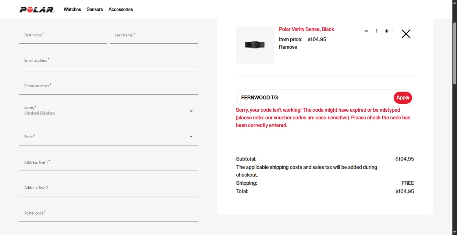 Polar coupon code screenshot showing code FERNWOOD-TG applied at Polar checkout page. Uploaded by SimplyCodes community member CodeTitan6120 on May 13, 2025