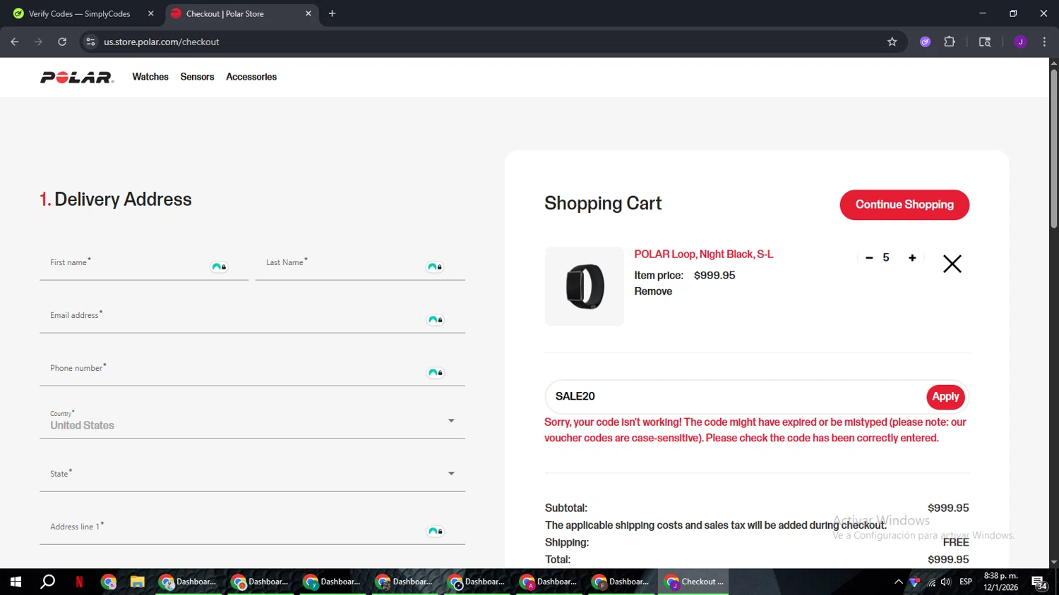 Polar coupon code screenshot showing code SALE20 applied at Polar checkout page. Uploaded by SimplyCodes community member ComeBurra123 on Jan 13, 2026