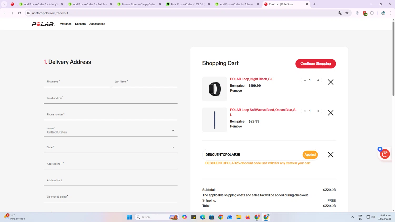 Polar coupon code screenshot showing code DESCUENTOPOLAR25 applied at Polar checkout page. Uploaded by SimplyCodes community member OriCarol on Dec 18, 2025