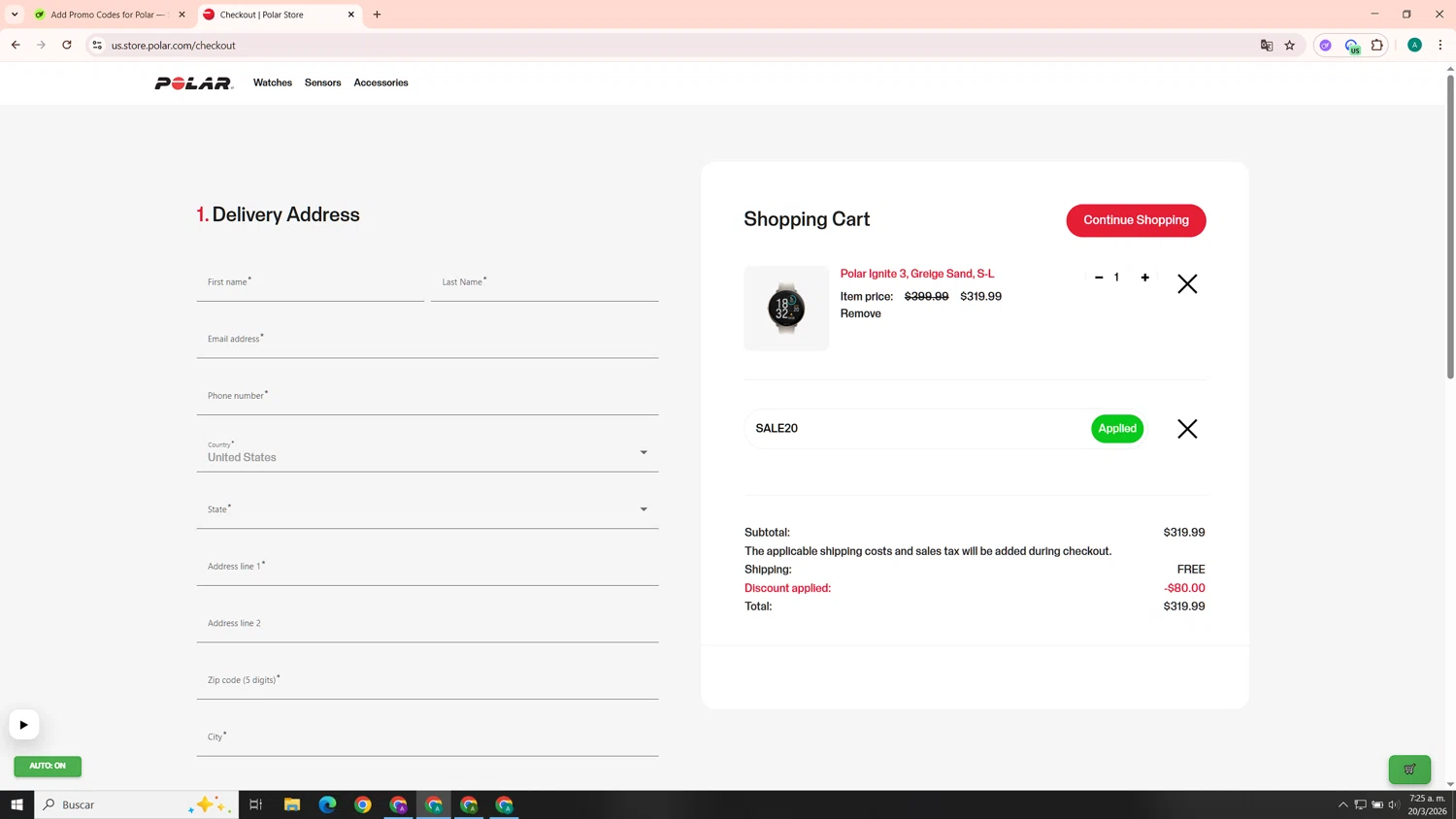 Verification screenshot for 20% Off Select Items at Polar - 3mo ago