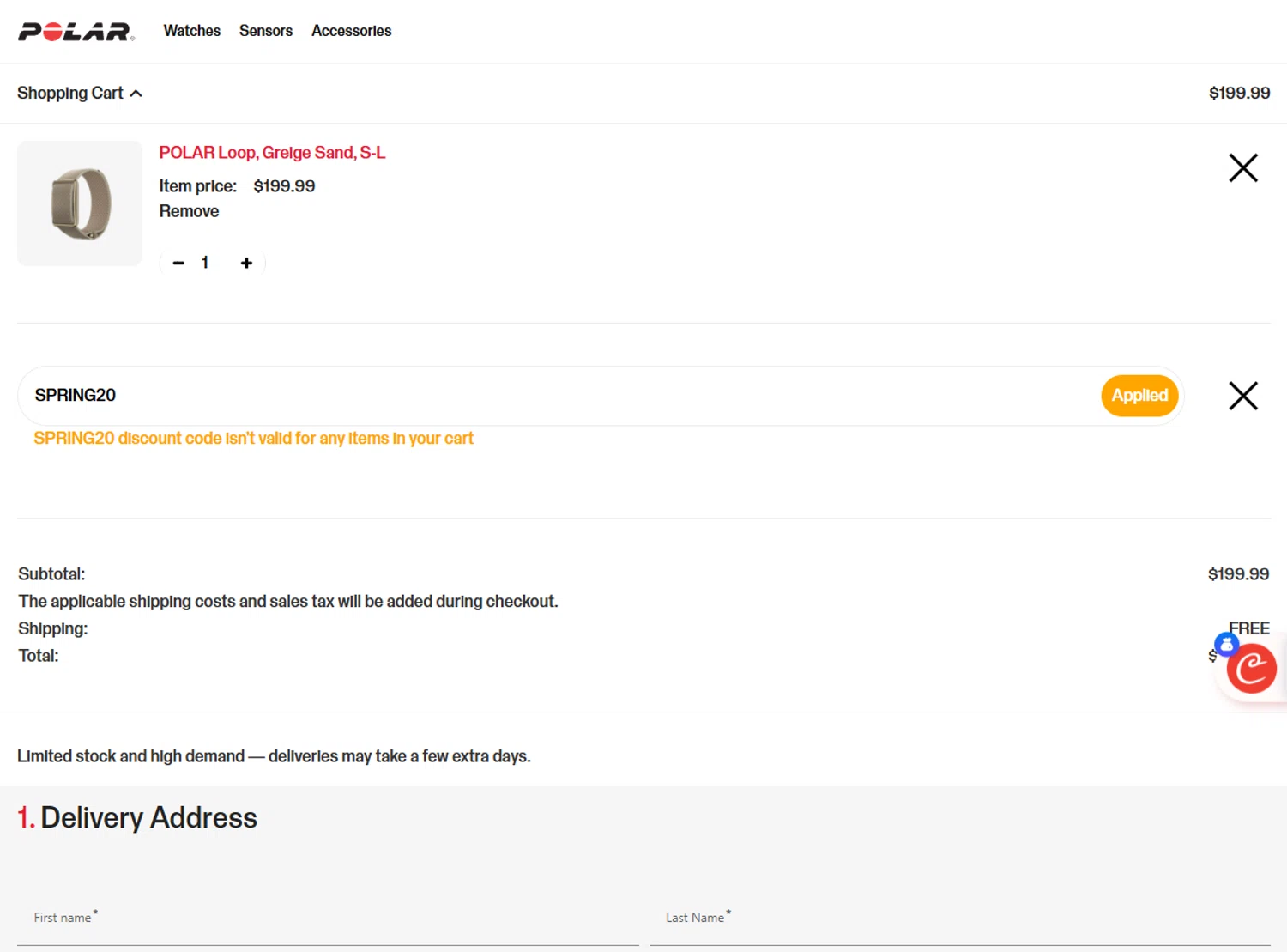 Polar coupon code screenshot showing code SPRING20 applied at Polar checkout page. Uploaded by SimplyCodes community member ivantorres on Dec 18, 2025