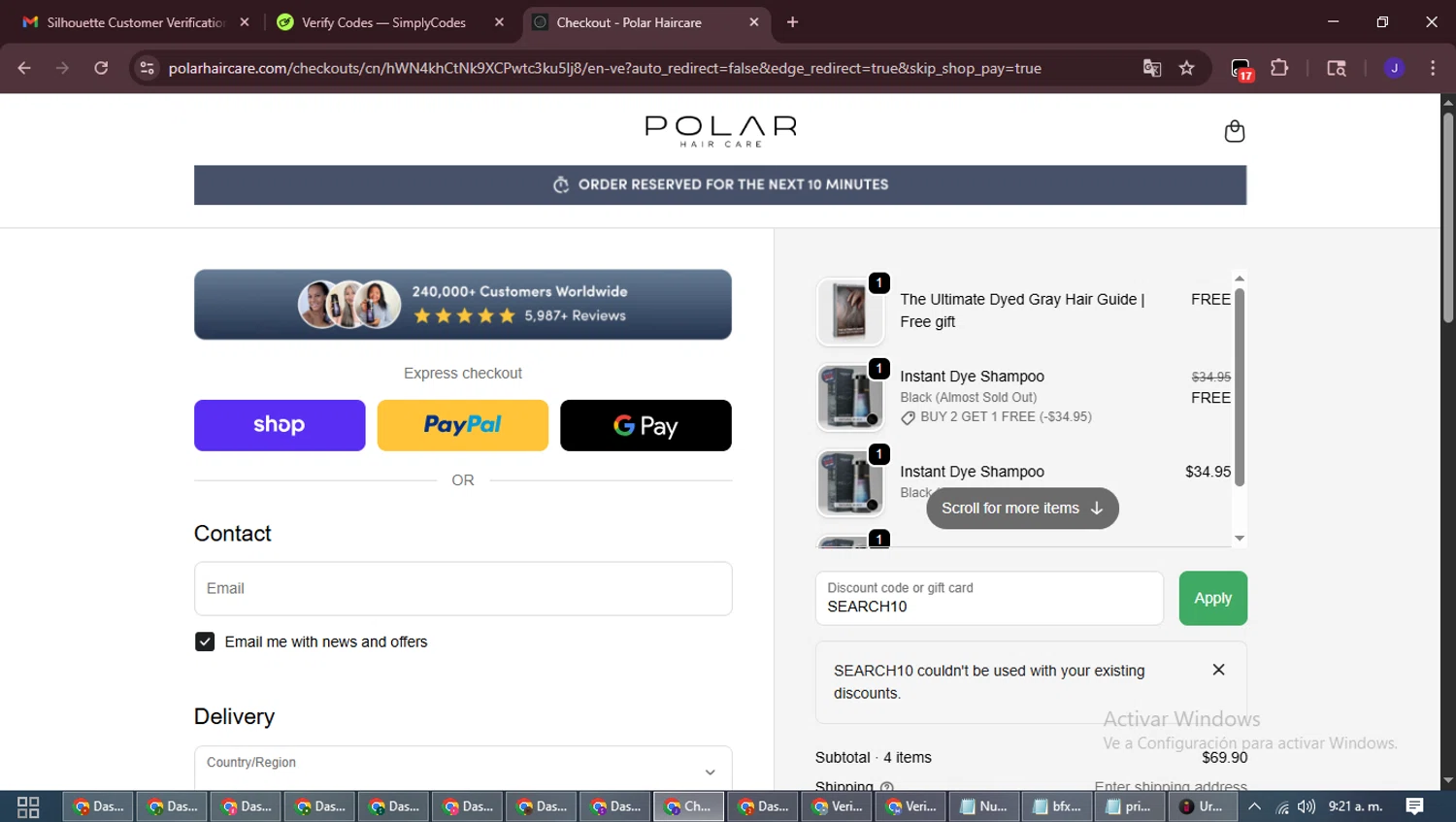 Polar Haircare discount code screenshot showing code SEARCH10 applied at Polar Haircare checkout page. Uploaded by SimplyCodes community member LegendaryLegend9872 on Oct 31, 2025