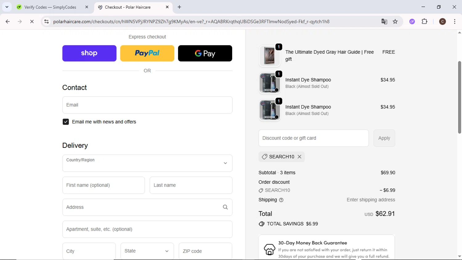 Polar Haircare discount code screenshot showing code SEARCH10 applied at Polar Haircare checkout page. Uploaded by SimplyCodes community member MoneyPilot9634 on Nov 20, 2025