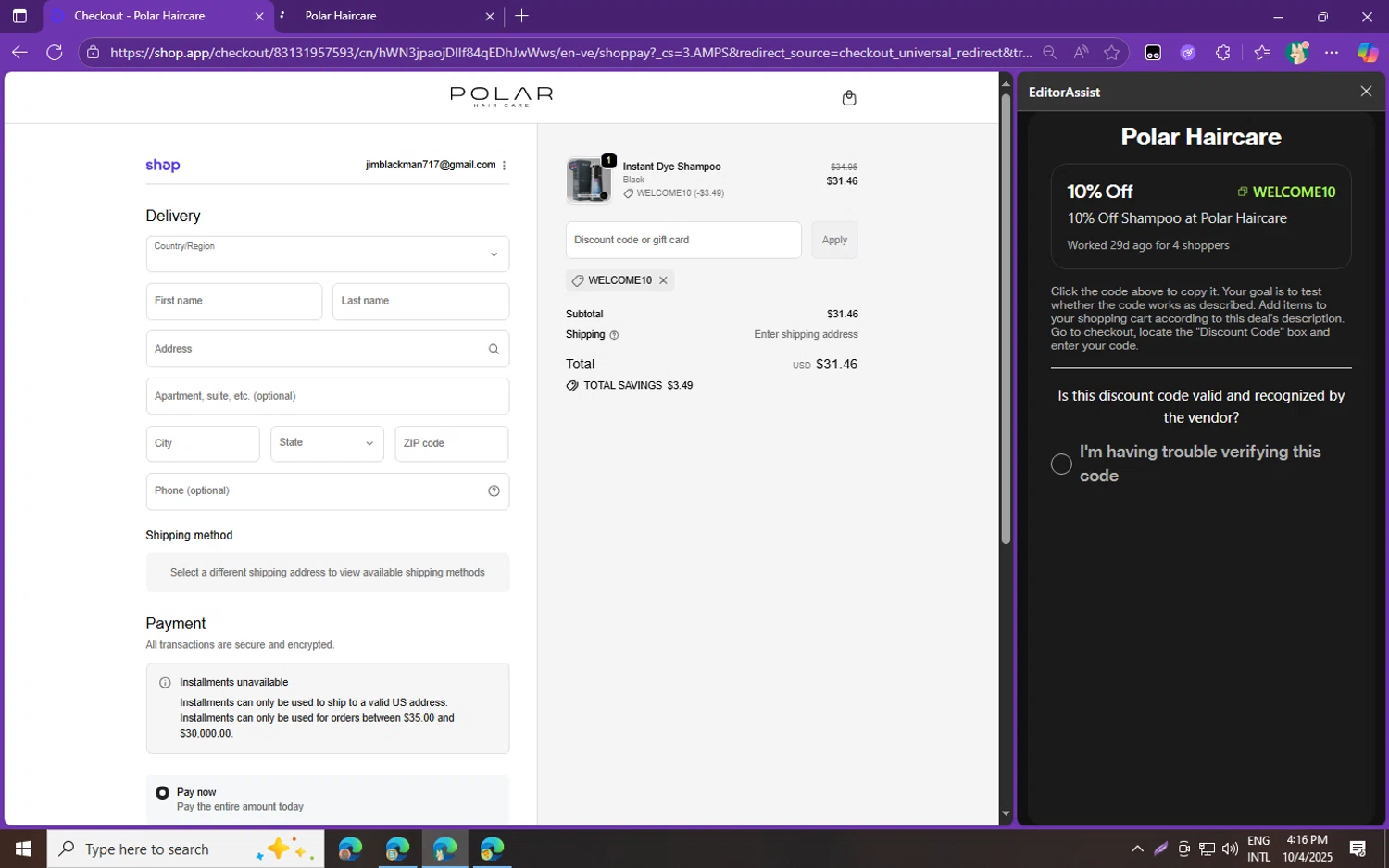 Polar Haircare discount code screenshot showing code WELCOME10 applied at Polar Haircare checkout page. Uploaded by SimplyCodes community member fghfgefds2 on Oct 4, 2025