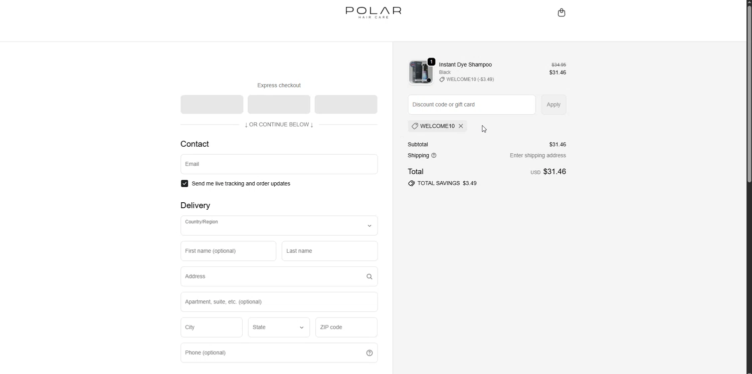Polar Haircare discount code screenshot showing code WELCOME10 applied at Polar Haircare checkout page. Uploaded by SimplyCodes community member SavvyLynx6076 on Oct 22, 2025