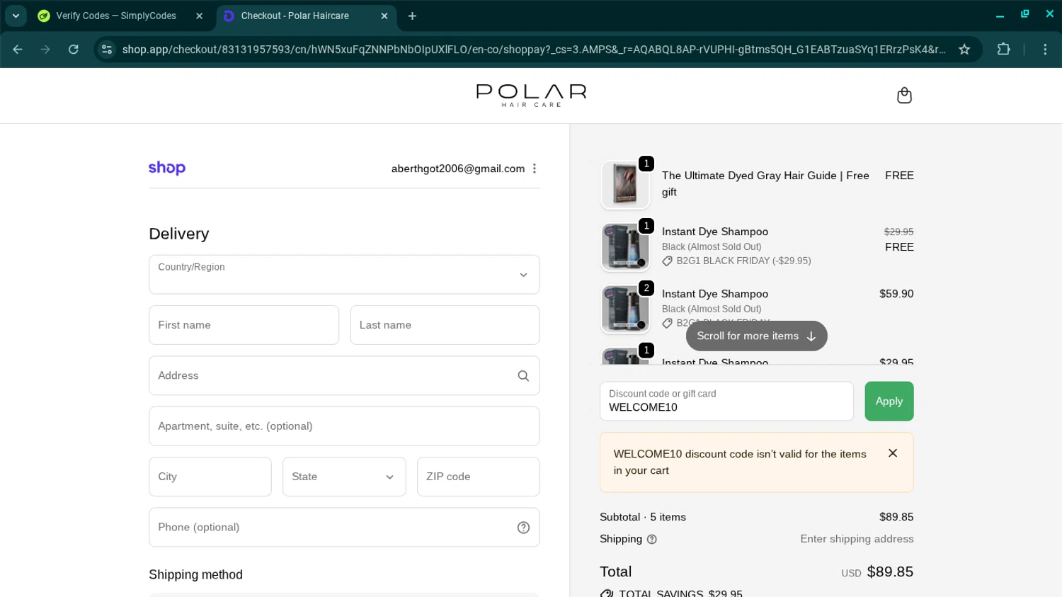 Polar Haircare discount code screenshot showing code WELCOME10 applied at Polar Haircare checkout page. Uploaded by SimplyCodes community member SwiftSage2309 on Dec 2, 2025