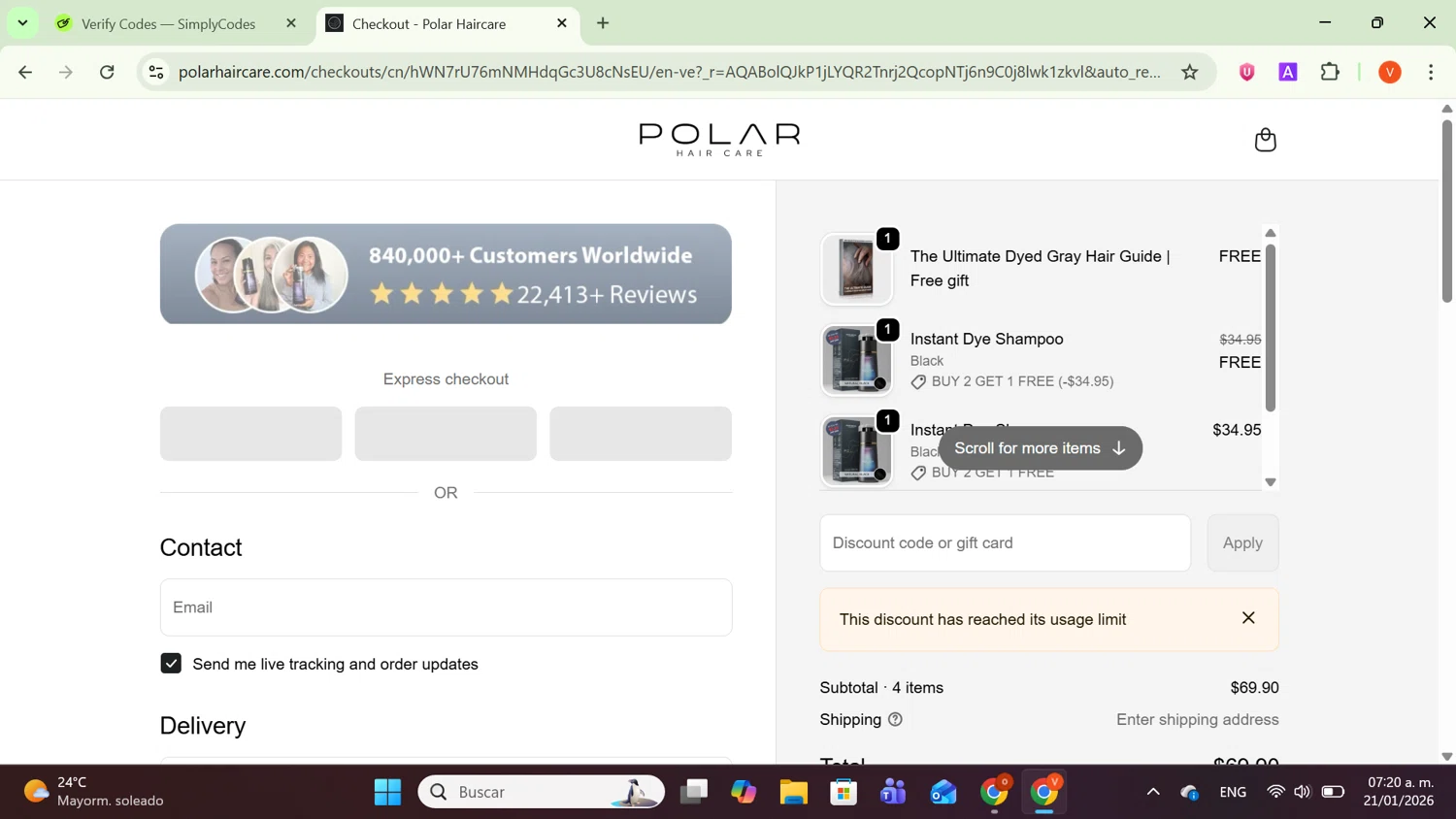 Polar Haircare discount code screenshot showing code SAVEMONEY30871 applied at Polar Haircare checkout page. Uploaded by SimplyCodes community member SavingsCaptain8190 on Jan 21, 2026