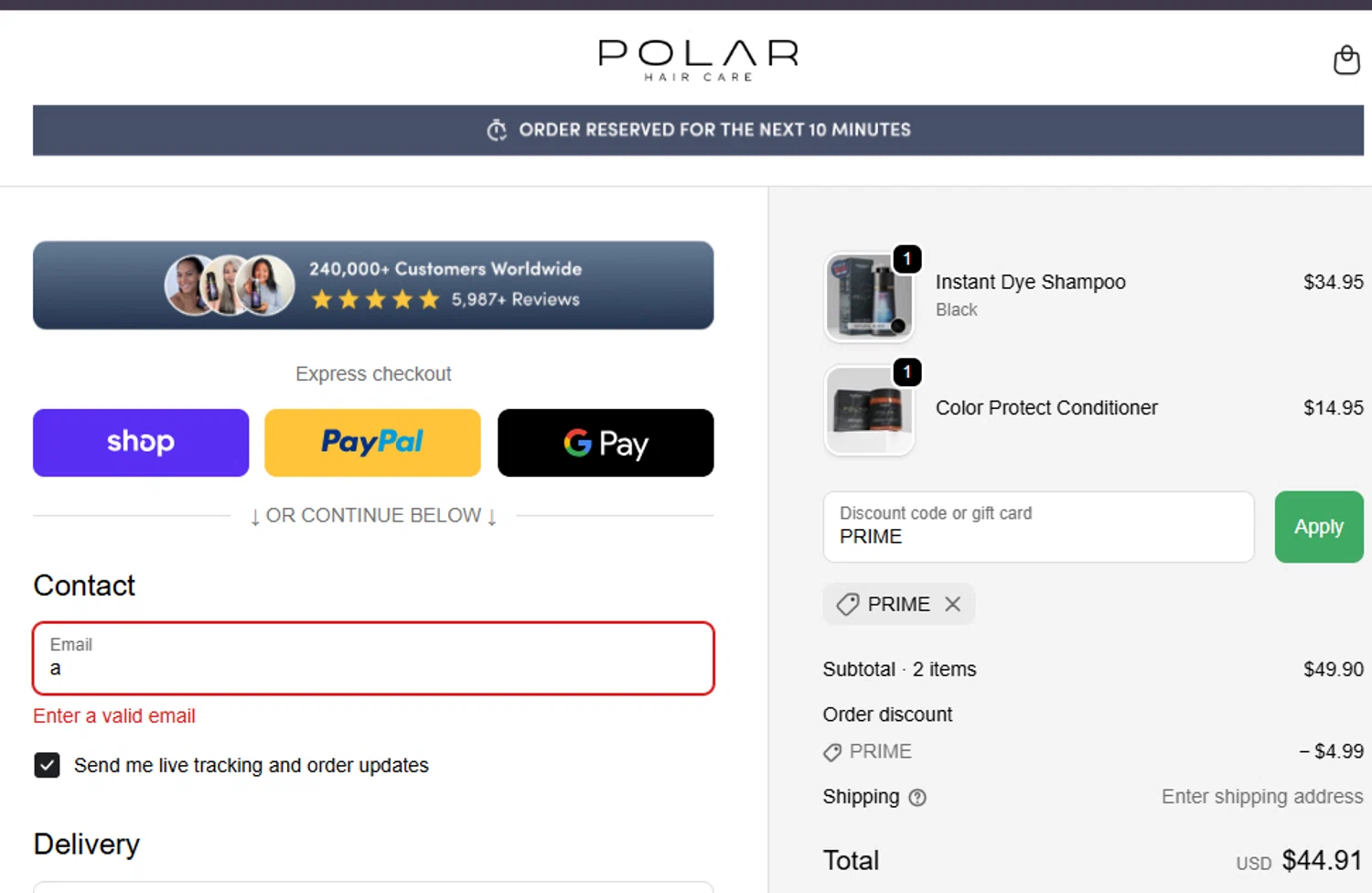 Polar Haircare discount code screenshot showing code PRIME applied at Polar Haircare checkout page. Uploaded by SimplyCodes community member ashe1986 on Sep 18, 2025